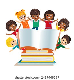 kids different nationalities around big books, open book