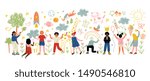 Kids of Different Nationalities Painting and Drawing with Brushes and Pencils on White Wall Vector Illustration