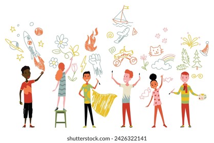 Kids of Different Nationalities Painting and Drawing with Brushes and Pencils on White Wall Vector Illustration