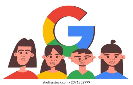 Сommunity of kids of different nationalities Standing against the background of the Google company logo. Group of workers. Diversity equity inclusion. Flat vector illustration.