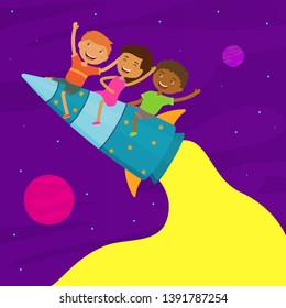 Kids different nationality having fun together. Happy children fly on the rocket in space.Vector background, template with Copy Space for birthday investigation, greeting card, banner, poster.