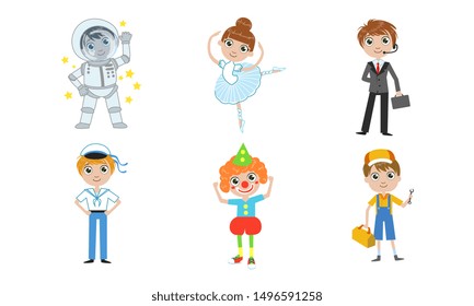 Kids of Different Professions Set, Astronaut, Ballerina, Businessman, Sailor, Clown, Plumber Vector Illustration