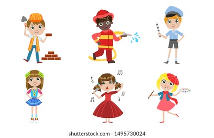 Kids of Different Professions Set, Builder, Fireman, Traffic Controller, Singer, Artist Vector Illustration