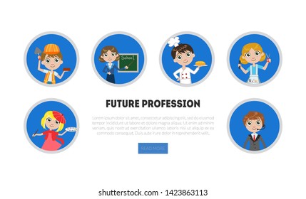 Kids Of Different Professions Set, Future Profession Banner, Landing Page Template, Kindergarten Career Day Vector Illustration