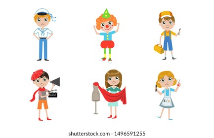 Kids of Different Professions Set, Sailor, Clown, Plumber, Tailor, Hairdresser, Director Vector Illustration