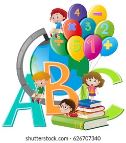 Ilustración de niños y diferentes artículos escolares
