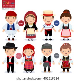 Kids in different traditional costumes (Greece, Italy, Portugal, Serbia)