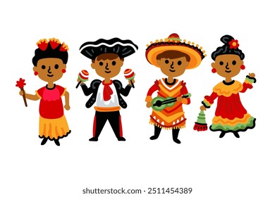 Niños en diferentes trajes tradicionales aislados sobre fondo blanco (Jamaica, Cuba, México)