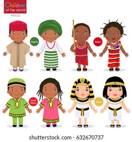 Kids in different traditional costumes. Nigeria, Kenya, South Africa, Egypt.