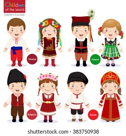 Kids in different traditional costumes (Ukraine, Poland, Bulgaria, Russia)