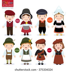Kids in different traditional costumes (Wales, Netherlands, Germany,  Scotland)