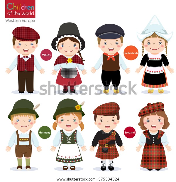 異なる伝統衣装を身に着けた子ども ウェールズ オランダ ドイツ スコットランド のベクター画像素材 ロイヤリティフリー