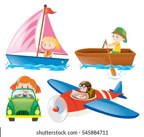 Kids in different types of transportations illustration