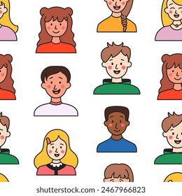Kids different user profile. Seamless pattern. Pretty girl and boy. Young people. Vector drawing. Design ornaments.