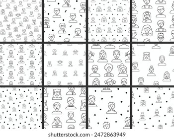 Kids different user profile. Seamless pattern. Coloring Page. Pretty girl and boy. Young people. Vector drawing. Collection of design ornaments.