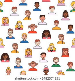 Los niños tienen un perfil de usuario diferente. Patrón sin costuras. Chica y chico bonitos. Jóvenes. Dibujo de Vector. Diseñar adornos.