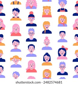 Kids different user profile. Seamless pattern. Pretty girl and boy. Young people. Vector drawing. Design ornaments.