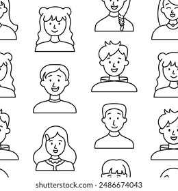 Kids different user profile. Seamless pattern. Coloring Page. Pretty girl and boy. Young people. Vector drawing. Design ornaments.