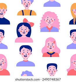 Los niños tienen un perfil de usuario diferente. Patrón sin costuras. Chica y chico bonitos. Jóvenes. Dibujo de Vector. Diseñar adornos.
