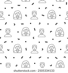 Kids different user profile. Seamless pattern. Coloring Page. Pretty girl and boy. Young people. Vector drawing. Design ornaments.