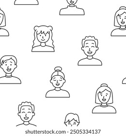 Kids different user profile. Seamless pattern. Coloring Page. Pretty girl and boy. Young people. Vector drawing. Design ornaments.