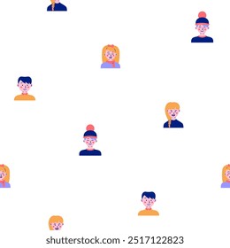 Kids different user profile. Seamless pattern. Pretty girl and boy. Young people. Vector drawing. Design ornaments.