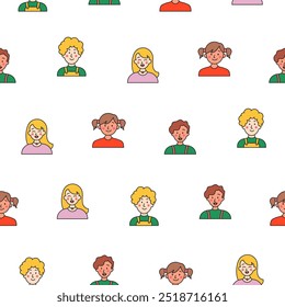 Kids different user profile. Seamless pattern. Pretty girl and boy. Young people. Vector drawing. Design ornaments.
