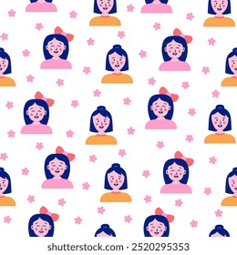 Kids different user profile. Seamless pattern. Pretty girl and boy. Young people. Vector drawing. Design ornaments.