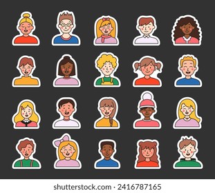 Perfil de usuario diferente para niños. Marcador adhesivo. Chica y chico guapa. Jóvenes. Dibujo de vectores. Colección de elementos de diseño.