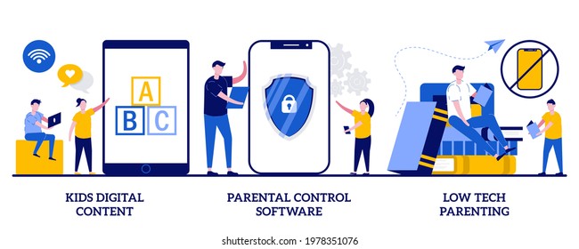 Kids digital content, parental control software, low tech parenting concept with tiny people. Children media access vector illustration set. Screen time, gadget-free parenting, online apps metaphor.