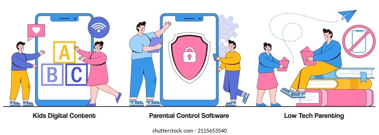 Kids digital content, parental control software, low tech parenting concept with tiny people. Children media access vector illustration set. Screen time, gadget-free parenting, online apps metaphor.