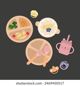 Kids Dinner Time. Kids plate, a pacifier for children, a bottle for water and milk, fork, spoon silicone dishware for baby, food for little baby vector. First baby food concept, serving food for kids