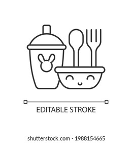 Kids dinnerware linear icon. Plates created for children to eat comfortably. Learning how to eat. Thin line customizable illustration. Contour symbol. Vector isolated outline drawing. Editable stroke