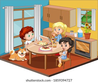 Kids in the dinning room scene on white background illustration