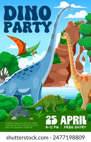 Volante de la fiesta del dino para niños, dinosaurios prehistóricos de dibujos animados en el paisaje jurásico. Vector invitación cartel Plantilla para niños evento celebración promoción con divertido tapejara, titanosauria, brachiosaurus