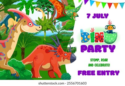 Kids dino party flyer with cartoon funny prehistoric dinosaurs and lizards, vector event poster. Dino museum or Jurassic park entertainment party even flyer with giant dinosaurs and dino in eggs