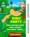 Kids dino party flyer with funny prehistoric dinosaur in jungles. Vector birthday invitation poster with flying argentavis and allosaurus roar. Vivid banner with cartoon reptile at tropical landscape