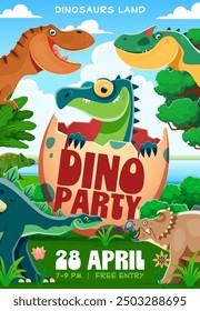 Kids dino party flyer with funny prehistoric dinosaurs, vector cartoon poster background. Kids party invitation flyer for birthday or music entertainment and summer event with funny Jurassic dinosaurs