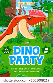 Folleto de fiesta de dinosaurio para niños con divertido dinosaurio prehistórico en las selvas. Cartel de invitación de cumpleaños de Vector con divertido rugido de Monolophosaurus. Anuncio vívido con reptil rugiente de dibujos animados en medio de un paisaje tropical