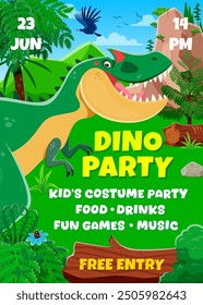 Folleto de fiesta de dinosaurio para niños con divertido dinosaurio prehistórico en las selvas. Cartel de invitación de cumpleaños de Vector con Argentavis volador y Rugido de Allosaurus. Anuncio vívido con el reptil de la historieta en paisaje tropical