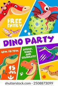 Folheto de festa de dino para crianças, convite vibrante com dinossauros coloridos, detalhes do evento e texto divertido. Cartaz envolvente de vetor convidando crianças para a celebração divertida com dinossauros como principal atração