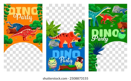 Plantillas de redes sociales de fiesta de dinosaurios prehistóricos divertidos, marcos de Vector. Dino park party o eventos de entretenimiento para niños Plantillas de publicación para redes sociales marcos transparentes