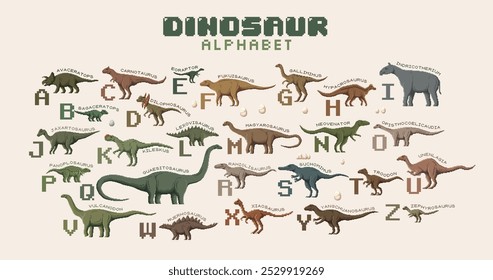 Alfabeto de dinosaurio para niños en arte de 8 bits con fuente de lagartos prehistóricos, personajes de dinosaurio jurásico de Vector. Alfabeto de píxeles de 8 bits de dibujos animados para niños con tipo de juego retro o letras ABC de dinosaurios nombre de la especie