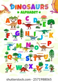 Kids dinosaur alphabet featuring names of dino animal species for the letter. Cartoon vector prehistoric abc for children education, promoting learning and fun interaction with prehistoric creatures