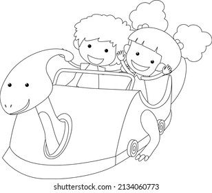 kids in dinosaur racing car  black and white doodle character illustration