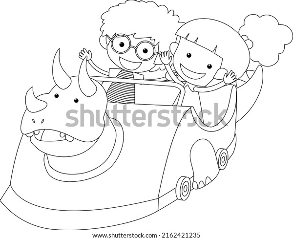 Kids in dinosaur racing car  black and white\
doodle character\
illustration