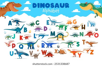 Alfabeto de dinosaurios para niños con personajes de dibujos animados de dinosaurios y huevos conjunto de tipografía de Vector. Letras mayúsculas con dinosaurios prehistóricos, cartel de educación infantil. Animales lindos del dino letras del alfabeto inglés