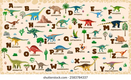 Kids dinosaurs alphabet, prehistoric lizards type and Jurassic era reptiles letters, vector English typeface. Font with cartoon dinosaur species, dino eggs and prehistoric reptiles for kids typography