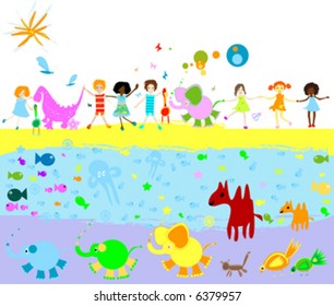 kids, dinosaurs and other little animals on a field