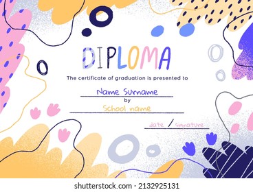 Kids diploma with abstract elements border. Kindergarten and school certificate template. Modern creative background design of childish graduation document, paper. Colored flat vector illustration